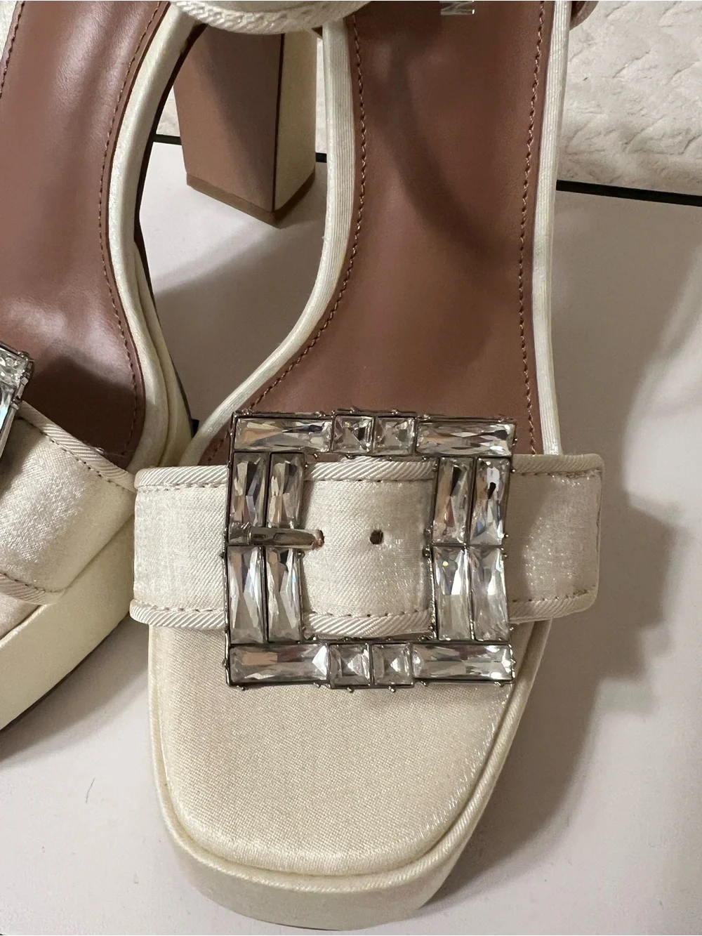 Steve Madden Ivory Satin Block Heel Sandals with Crystal Buckle